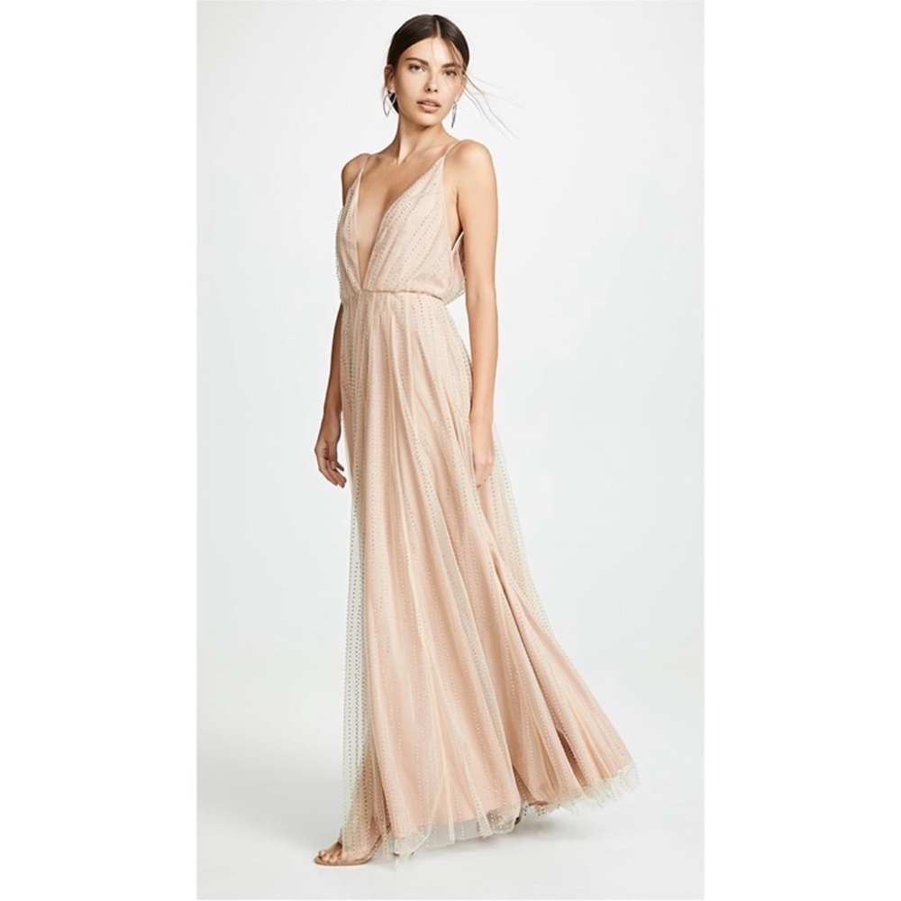 Revolve Divine Heritage Crystal Embellished Mesh Maxi Dress Gown Nude sz Medium - Picture 2 of 10